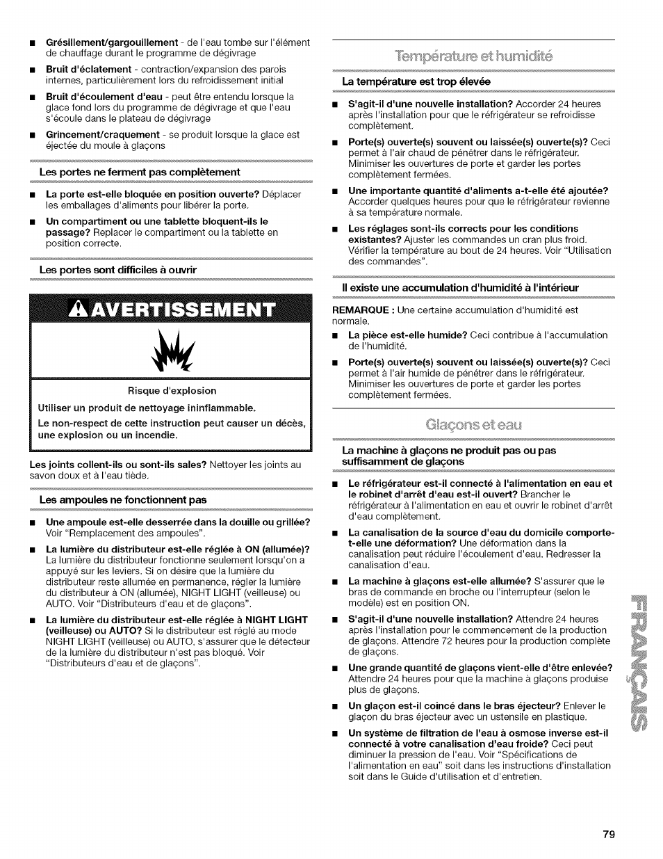 Températyib et hurniciité, Les portes ne ferment pas complètement, Les ampoules ne fonctionnent pas | La température est trop élevée, Glaçons et eau | Kenmore 2318589 User Manual | Page 79 / 84