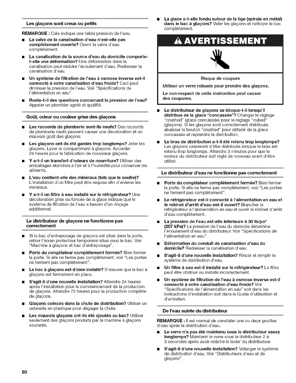 Les glaçons sont creux ou petits, Goût, odeur ou couleur grise des glaçons, De l'eau suinte du distributeur | Kenmore 2318589 User Manual | Page 80 / 84