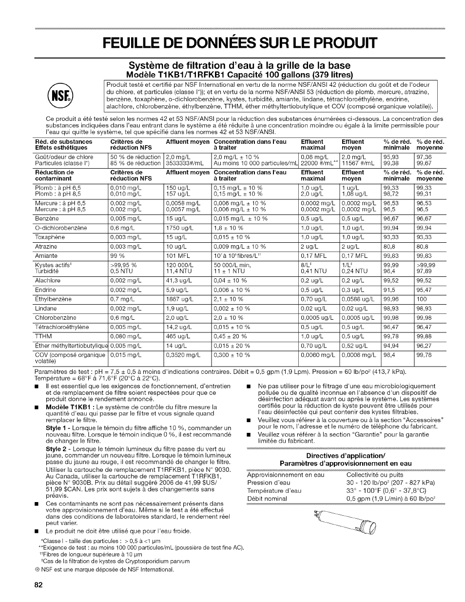 Feuille de donnees sur le produit, Feuille de données sur le produit, Système de filtration d’eau | La grille de la base | Kenmore 2318589 User Manual | Page 82 / 84