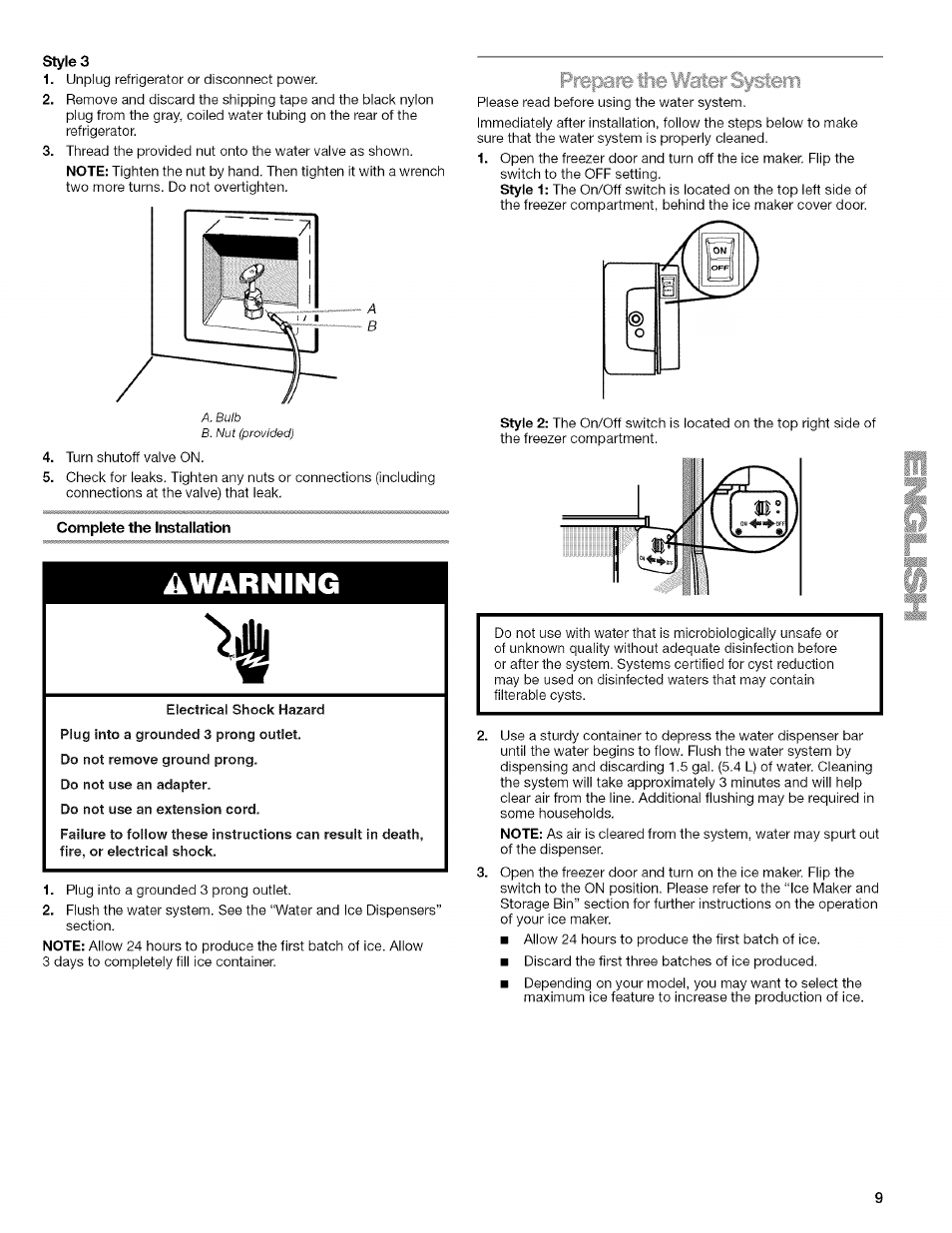 Styles, Complete the installation, Warning | Prepaib the water system, Prepare the water system | Kenmore 2318589 User Manual | Page 9 / 84
