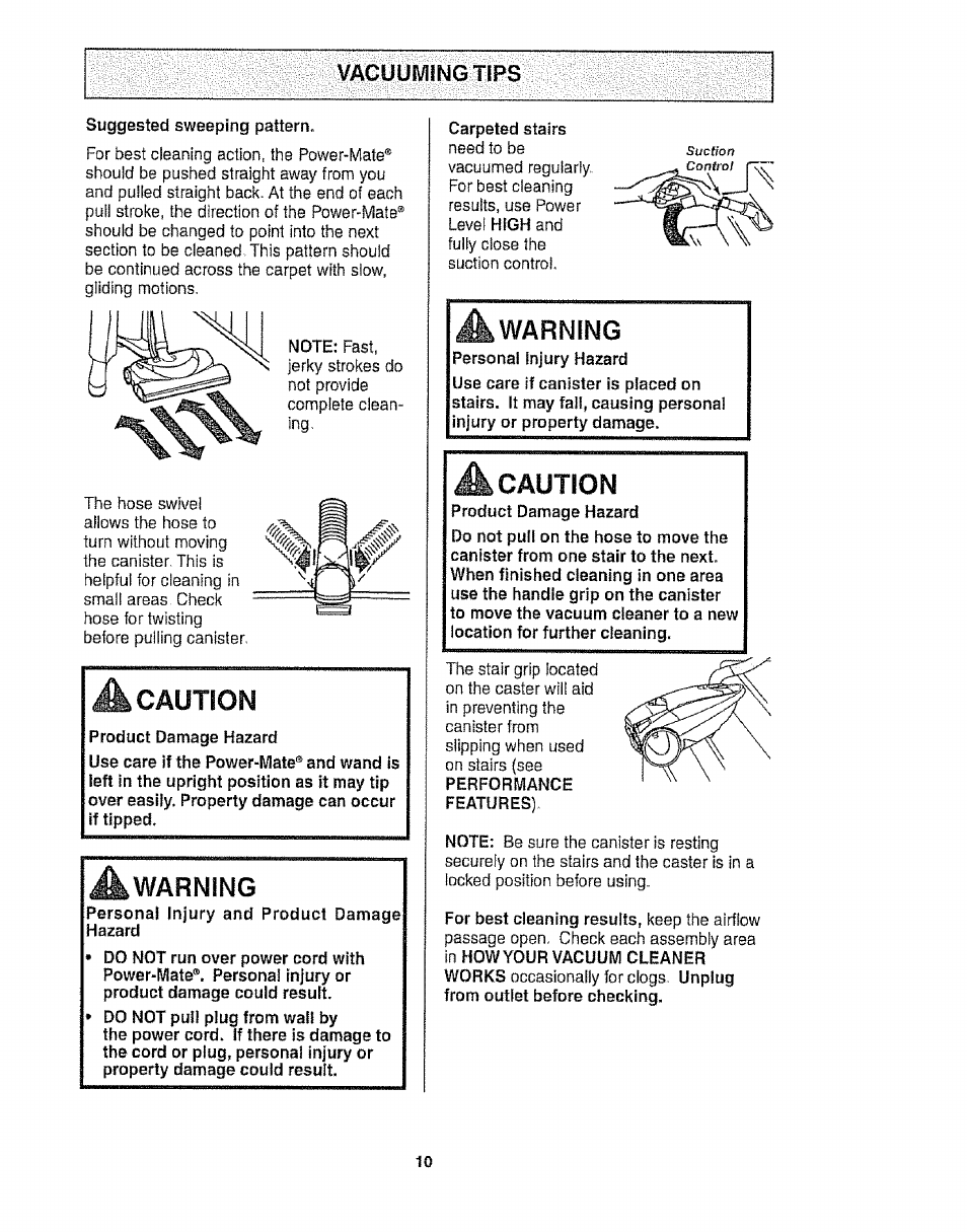 Vacuuming tips, A caution, A warning | Caution, Warning | Kenmore 116.25812 User Manual | Page 10 / 44