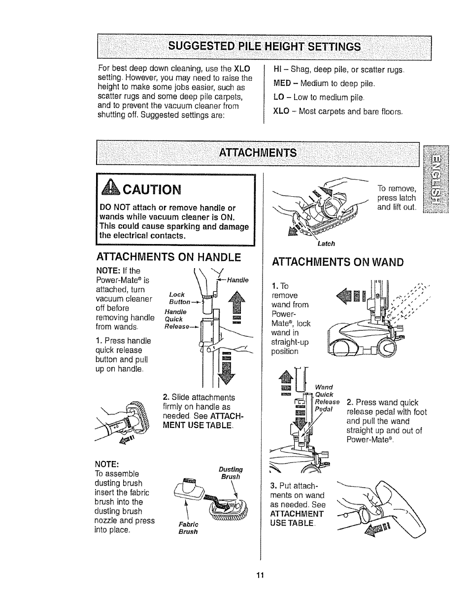 Suggested pile height settings, Attachments, Attachments on handle | Attachments on wand, P aijtinm | Kenmore 116.25812 User Manual | Page 11 / 44