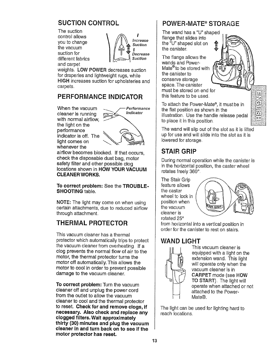 Suction control, Performance indicator, Therivial protector | Power-mate® storage, Stair grip, Wand light | Kenmore 116.25812 User Manual | Page 13 / 44