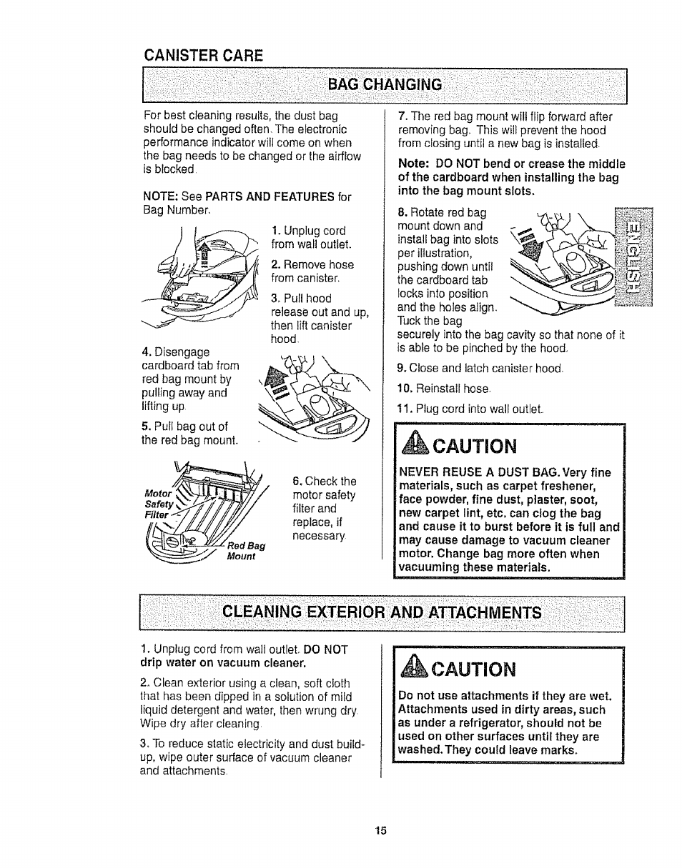 Canister care, Bag changing, Cleaning exterior and atochments | Caution | Kenmore 116.25812 User Manual | Page 15 / 44