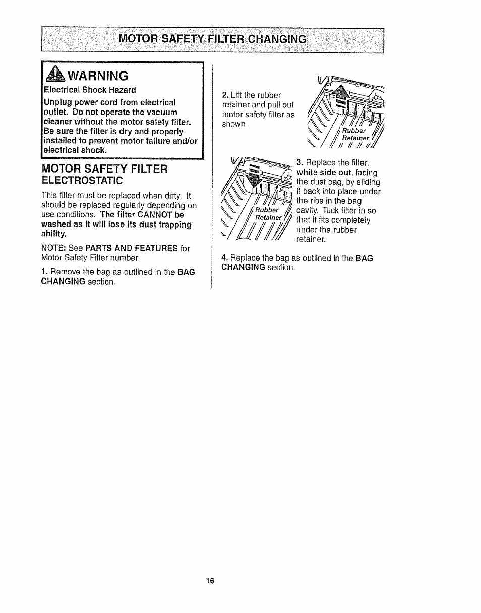 Motor safety filter changing, Warning, Motor safety filter electrostatic | Kenmore 116.25812 User Manual | Page 16 / 44