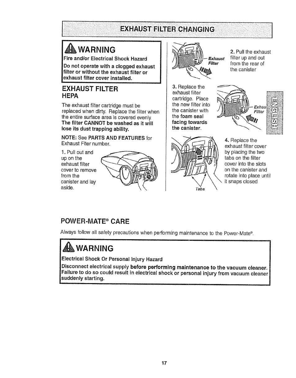 Exhaust filter changing, Warning, Exhaust filter hepa | Power-mate® care | Kenmore 116.25812 User Manual | Page 17 / 44