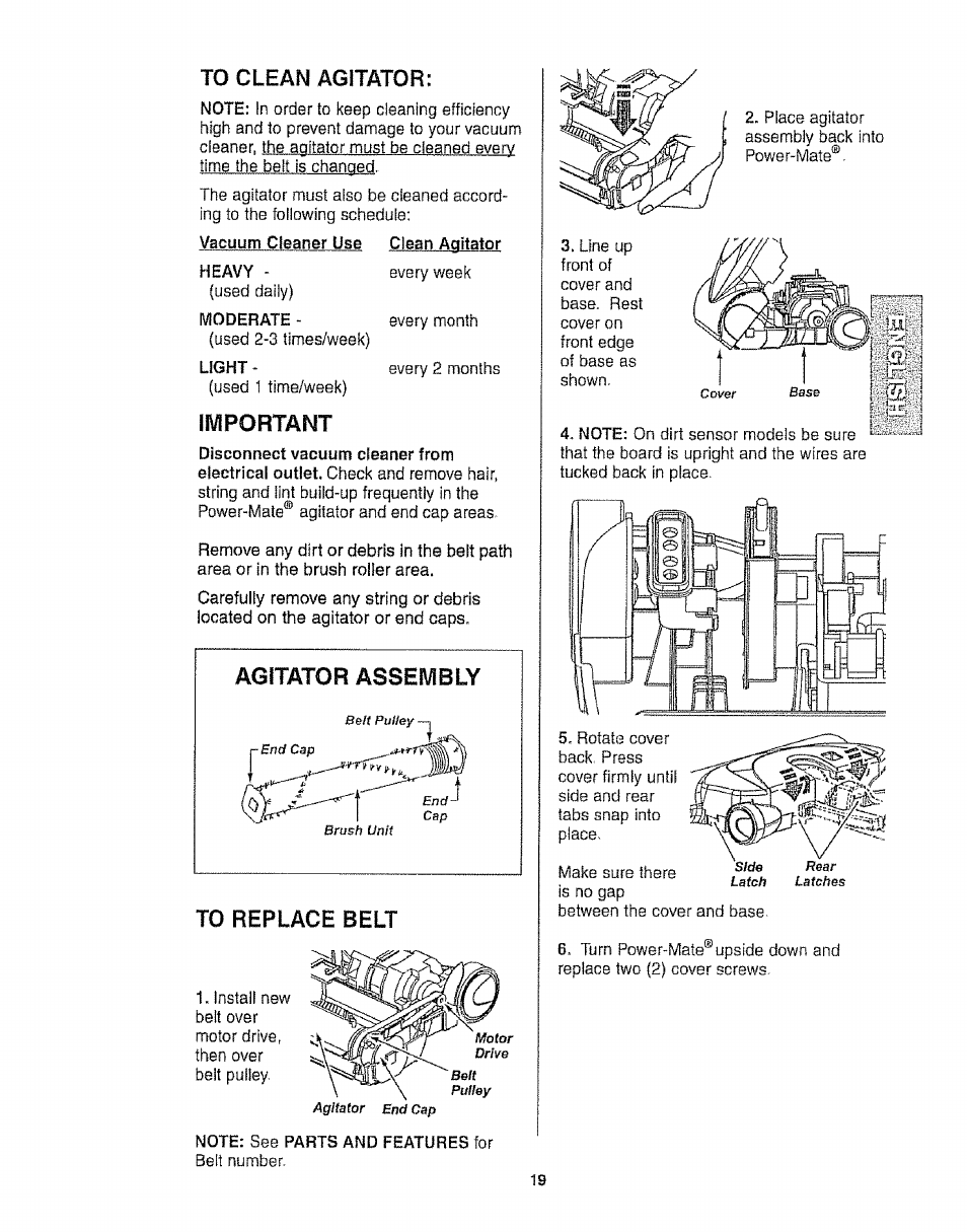 To clean agitator, Important | Kenmore 116.25812 User Manual | Page 19 / 44