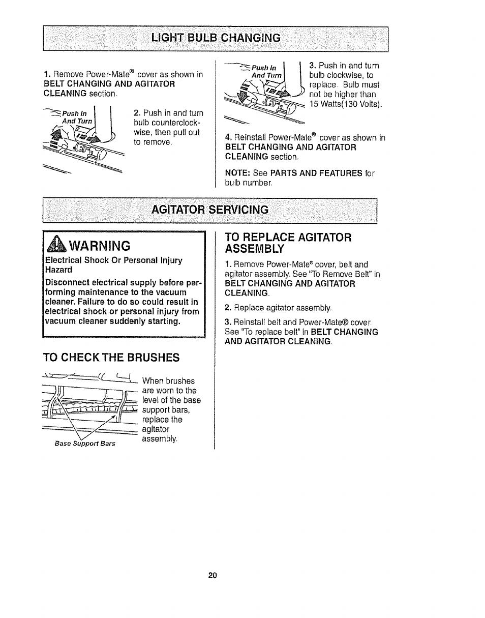 Light bulb changing, Agitator servicing, Warning | To check the brushes, To replace agitator assembly | Kenmore 116.25812 User Manual | Page 20 / 44