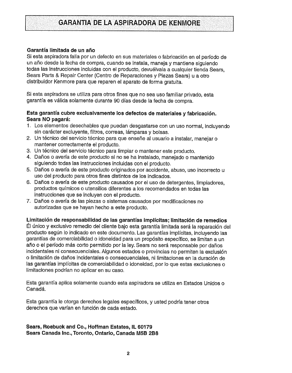 Garantía de la aspiradora de kenmore | Kenmore 116.25812 User Manual | Page 24 / 44