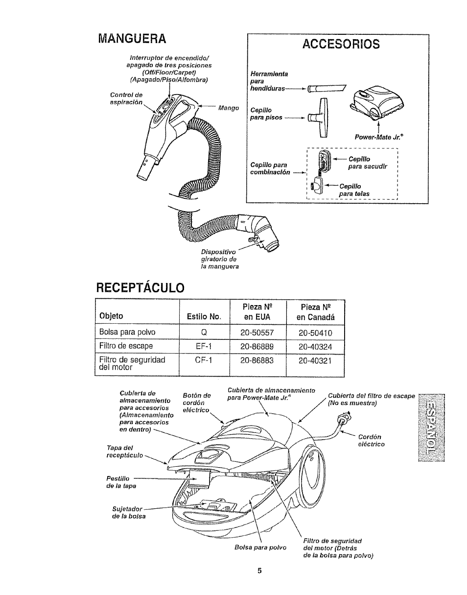 Manguera, Receptáculo | Kenmore 116.25812 User Manual | Page 27 / 44