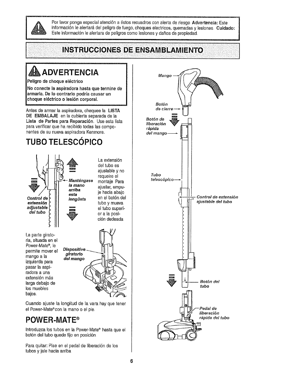 Instrucciones de ensamblamiento, A advertencia, Tubo telescópico | Power-mate, Advertencia | Kenmore 116.25812 User Manual | Page 28 / 44