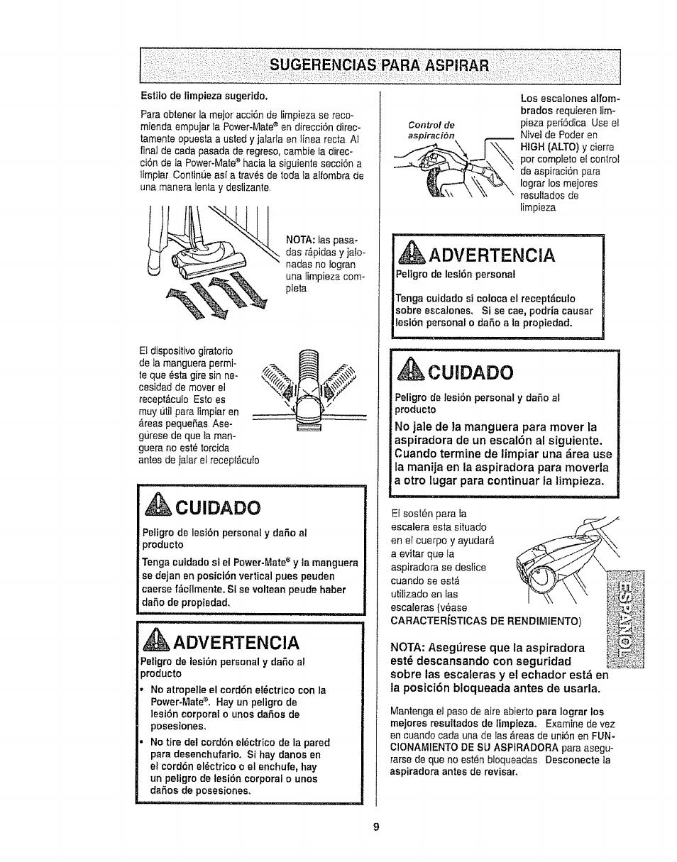 Sugerencias para aspirar, A cuidado, Cuidado | Kenmore 116.25812 User Manual | Page 31 / 44