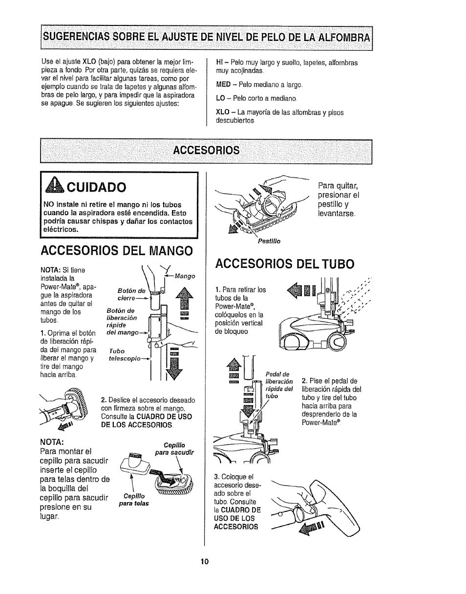 Cuidado, Accesorios del tubo | Kenmore 116.25812 User Manual | Page 32 / 44