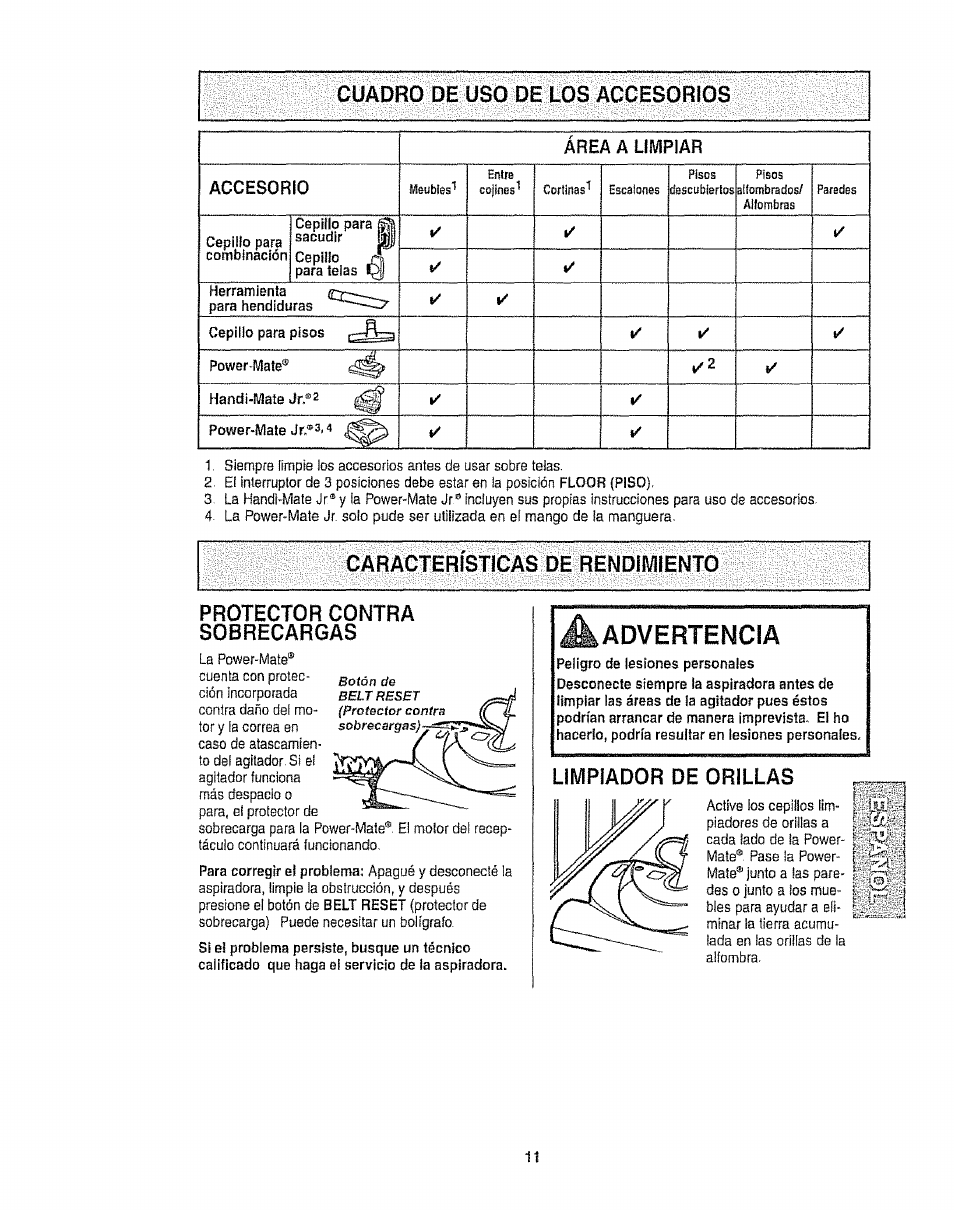 Cuadro de uso de los accesorios, Caracteristicas de rendiwilento, Protector contra sobrecargas | A advertencia, Limpiador de orillas, Advertencia | Kenmore 116.25812 User Manual | Page 33 / 44