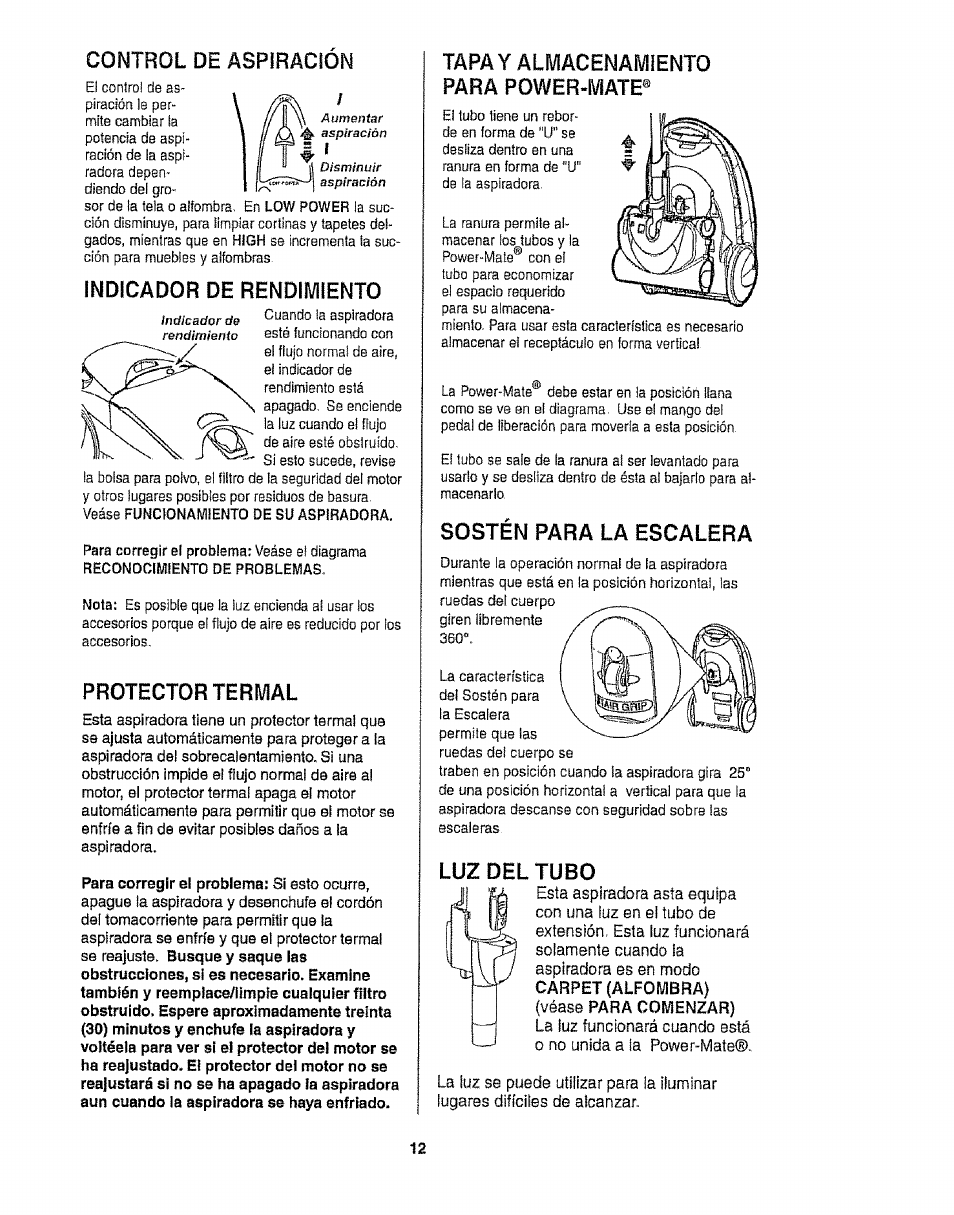 Control de aspiración, Indicador de rendiiyilento, Protector termal | Tapa y almacenamiento para power-mate, Sostén para la escalera | Kenmore 116.25812 User Manual | Page 34 / 44