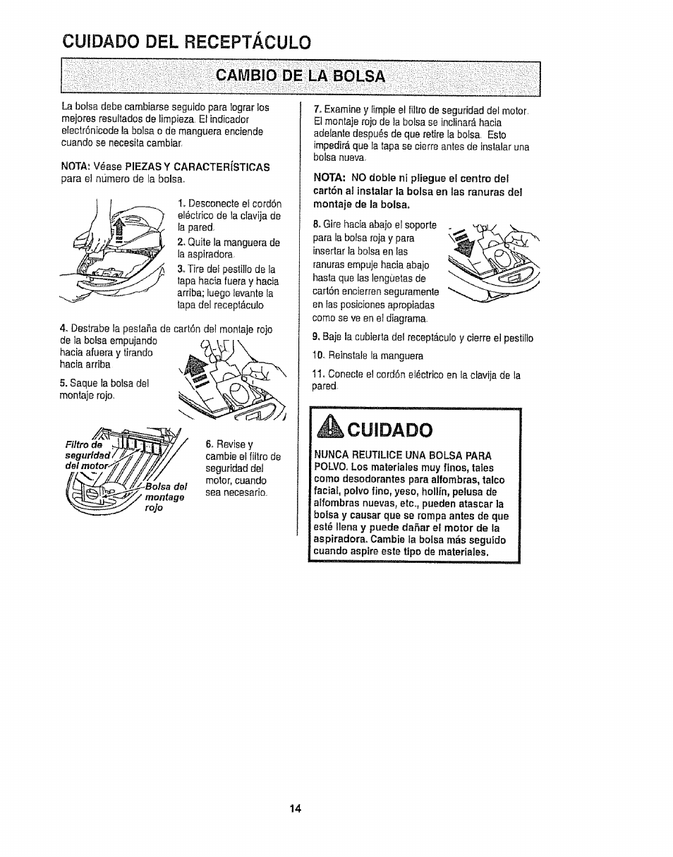 Cuidado del receptáculo, Cambio de la bolsa, A cuidado | Cuidado | Kenmore 116.25812 User Manual | Page 36 / 44