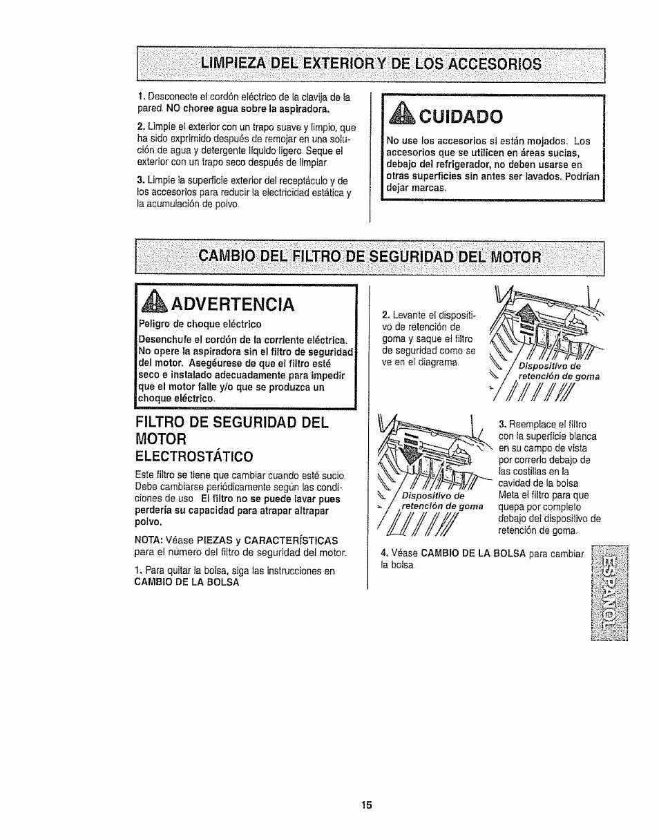 Limpieza del exterior y de los accesorios, A cuidado, Cambio del filtro de seguridad del motor | Filtro de seguridad del motor, Electrostatico, Cuidado, I/m/ff, Advertencia, Filtro de seguridad del motor electrostatico | Kenmore 116.25812 User Manual | Page 37 / 44