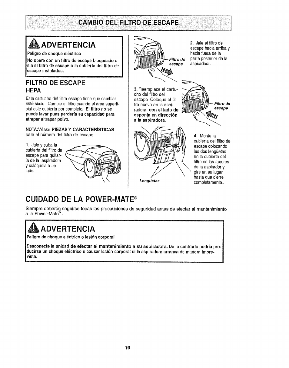 Advertencia, Filtro de escape hepa, Cuidado de la power-mate | Kenmore 116.25812 User Manual | Page 38 / 44