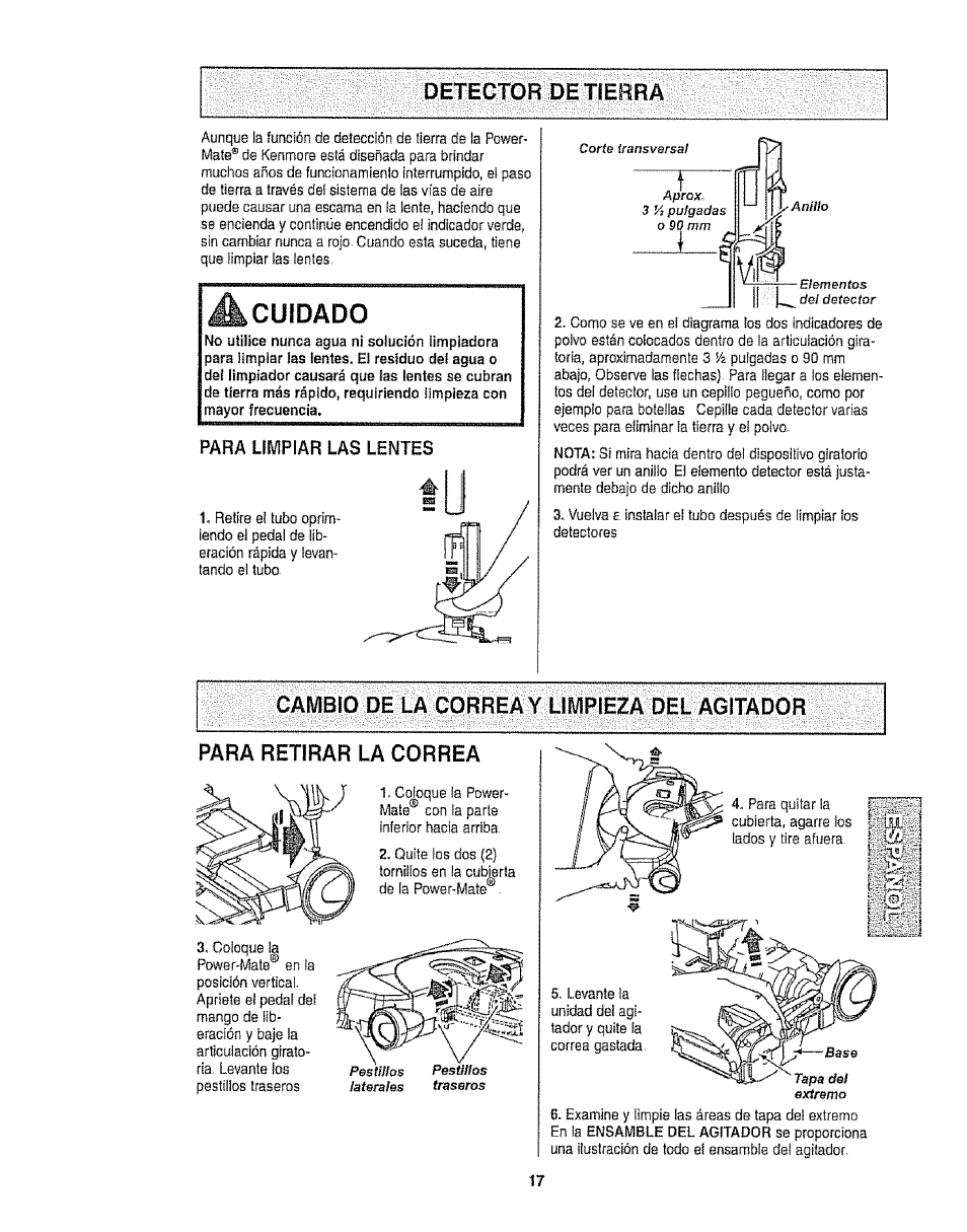 Cambio de la correa y limpieza del agitador, Para retirar la correa, Cuidado | Kenmore 116.25812 User Manual | Page 39 / 44