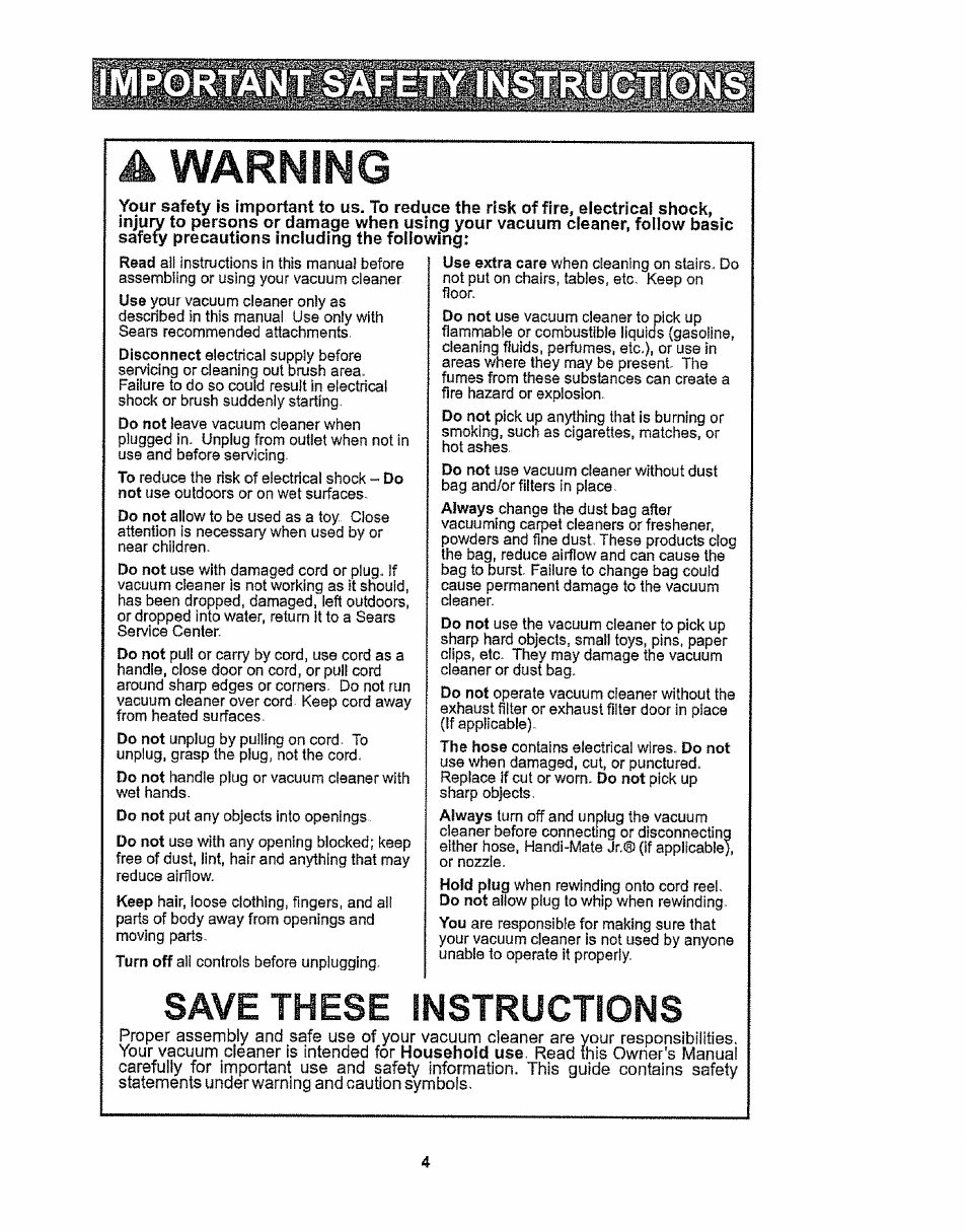 Save these instructions, A warning | Kenmore 116.25812 User Manual | Page 4 / 44