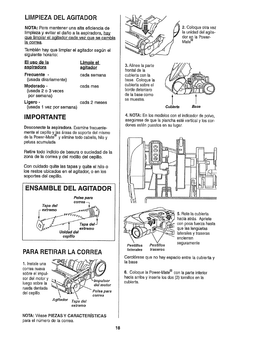 Limpieza del agitador, Ensamblí1}el agitador, Para retirar la correa | Importante | Kenmore 116.25812 User Manual | Page 40 / 44