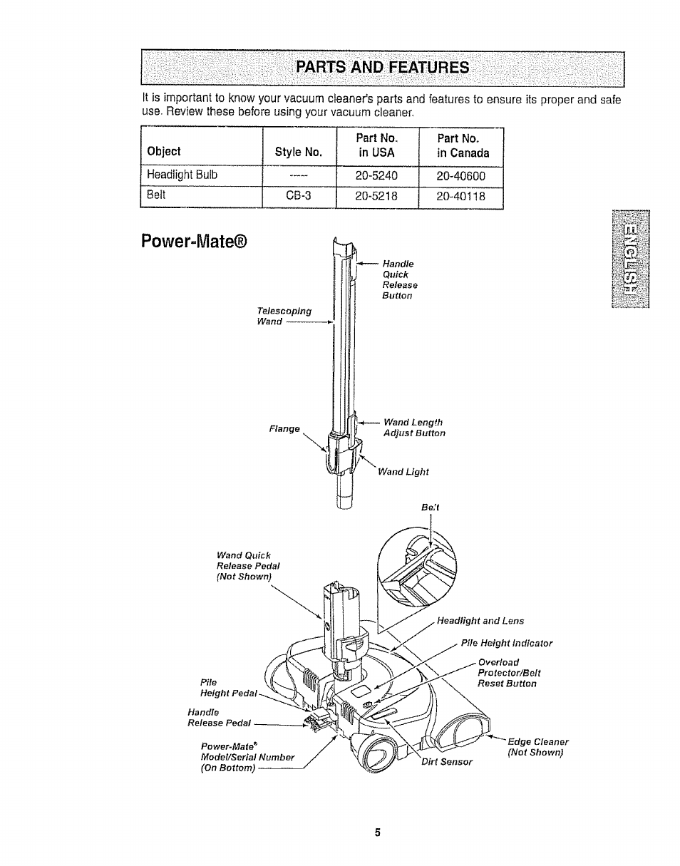 Parts and features, Power-mated) | Kenmore 116.25812 User Manual | Page 5 / 44