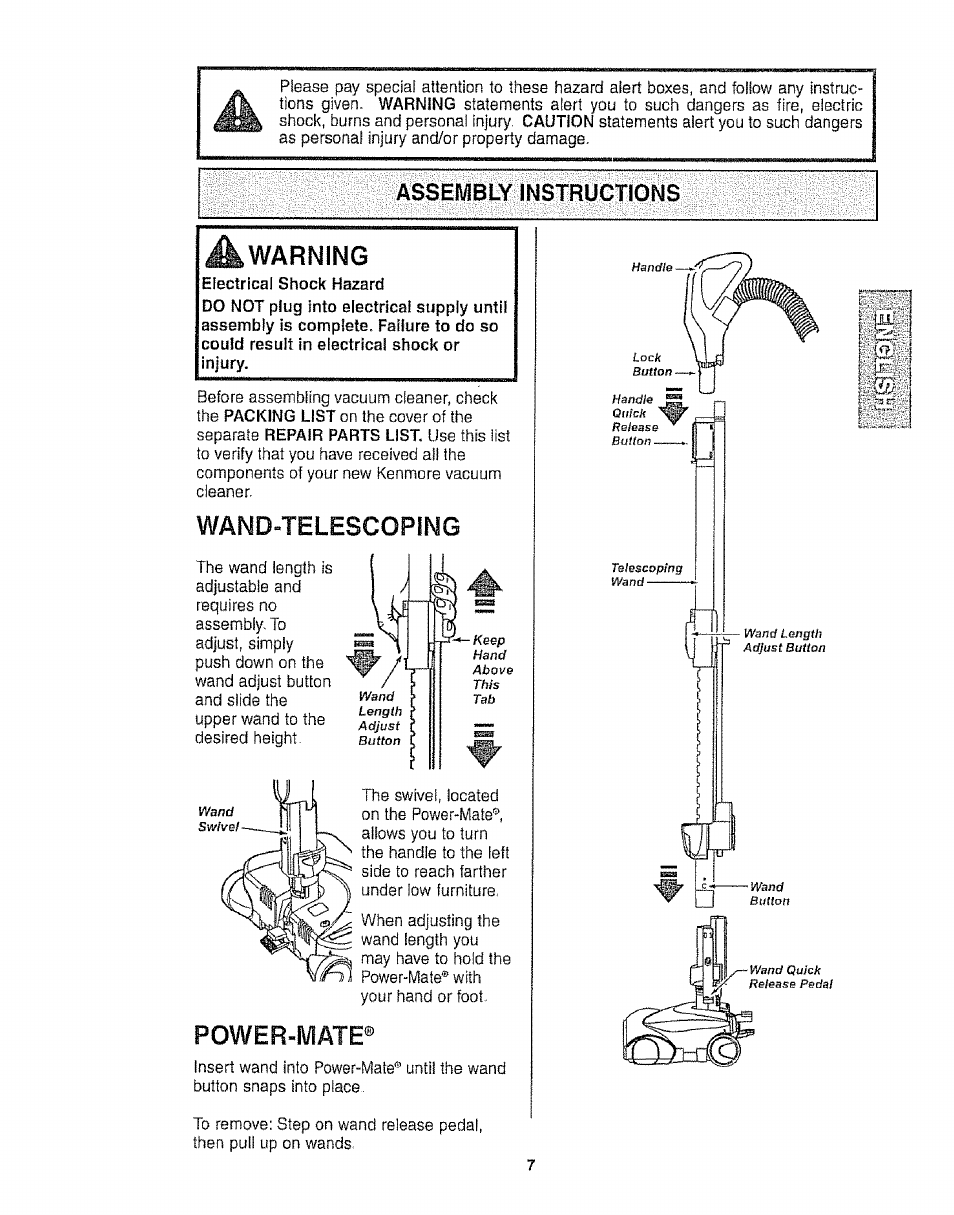 Assembly instructions, A warning, Wand»telescoping | Power-iviate, Warning | Kenmore 116.25812 User Manual | Page 7 / 44