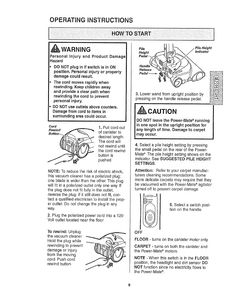 Operating instructions, How to start, A caution | Kenmore 116.25812 User Manual | Page 9 / 44