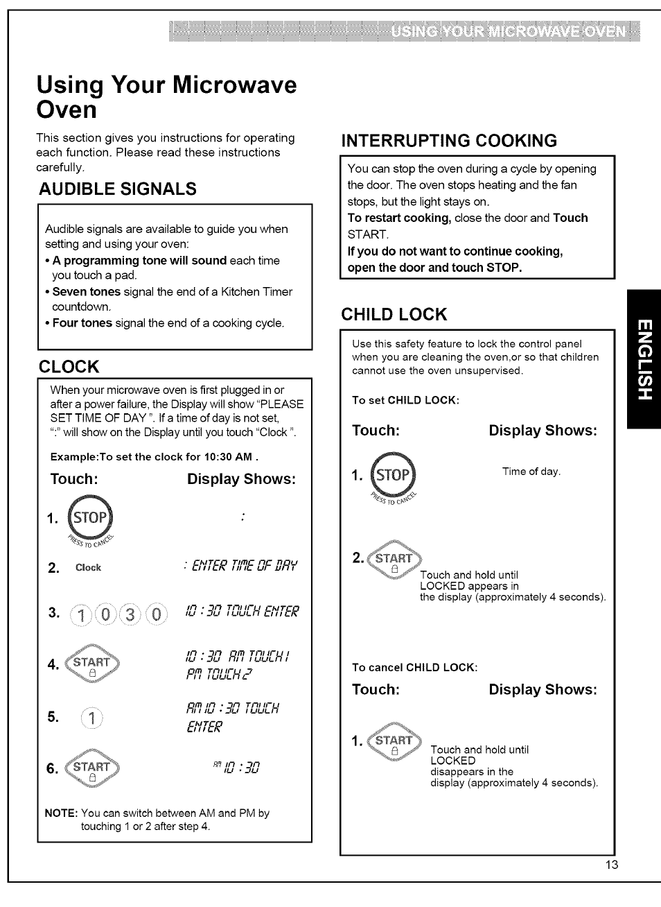 Audible signals, Clock, Interrupting cooking | Child lock, Touch, Display shows, Using your microwave oven | Kenmore 721.80042 User Manual | Page 13 / 35