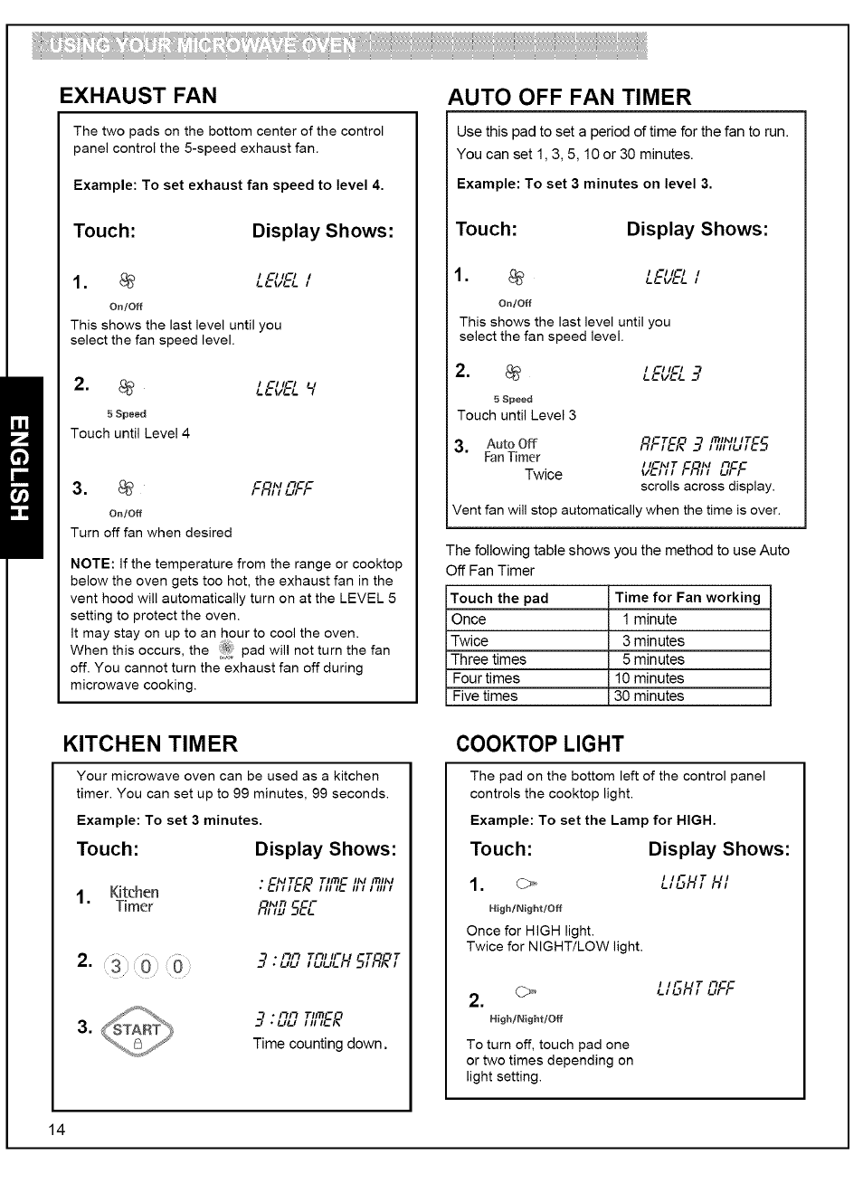 Exhaust fan, Touch: display shows, Auto off fan timer | Kitchen timer, Cooktop light, T ( o, Kitchen timer cooktop light | Kenmore 721.80042 User Manual | Page 14 / 35