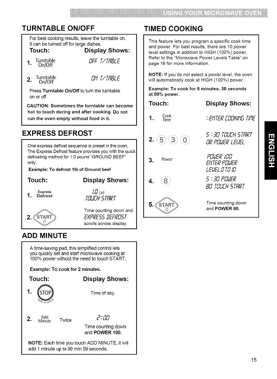 Touch: display shows, Express defrost, Add minute | Csti, Turntable on/off timed cooking | Kenmore 721.80042 User Manual | Page 15 / 35