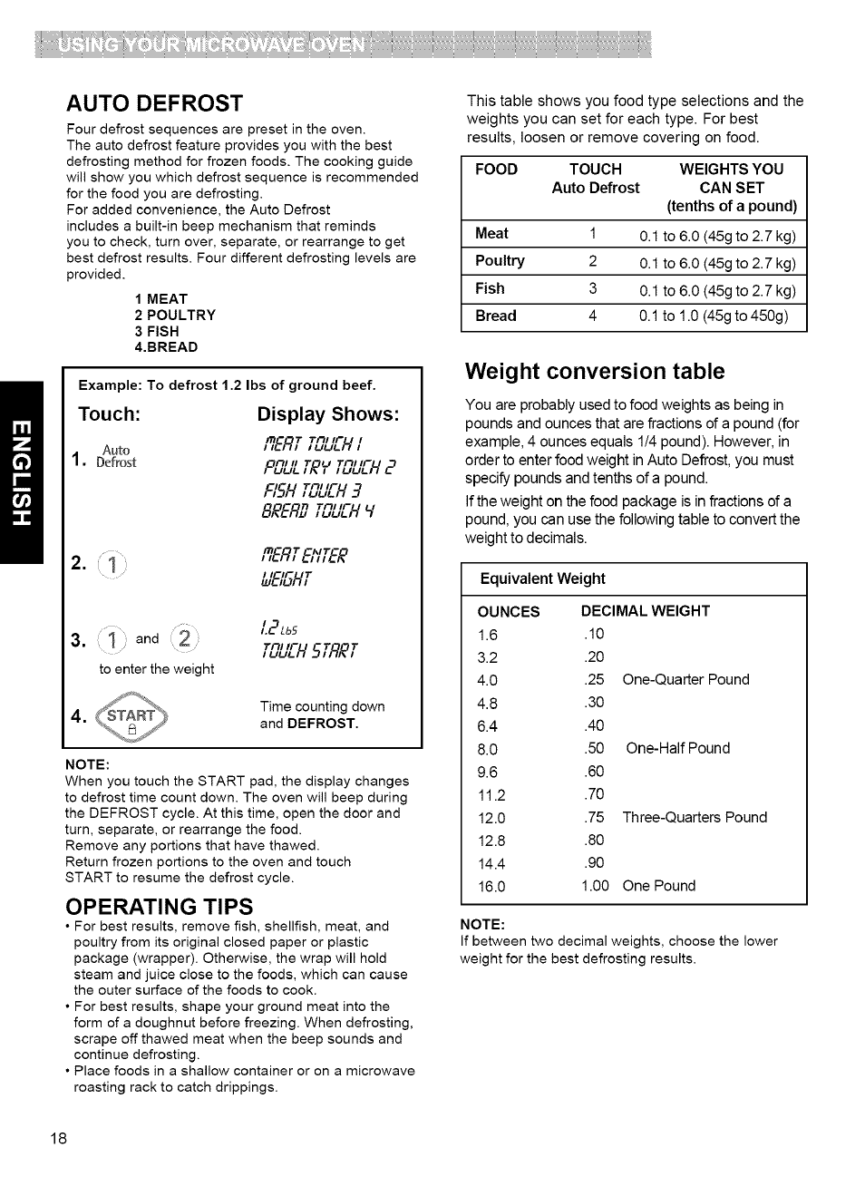 Auto defrost, Operating tips, Weight conversion table | Kenmore 721.80042 User Manual | Page 18 / 35