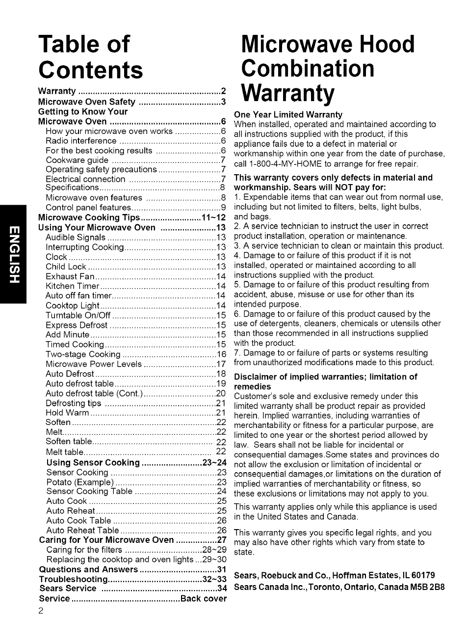 Table of microwave hood, Contents combination, Warranty 2 шд г гя п t v | Table of microwave hood contents combination | Kenmore 721.80042 User Manual | Page 2 / 35