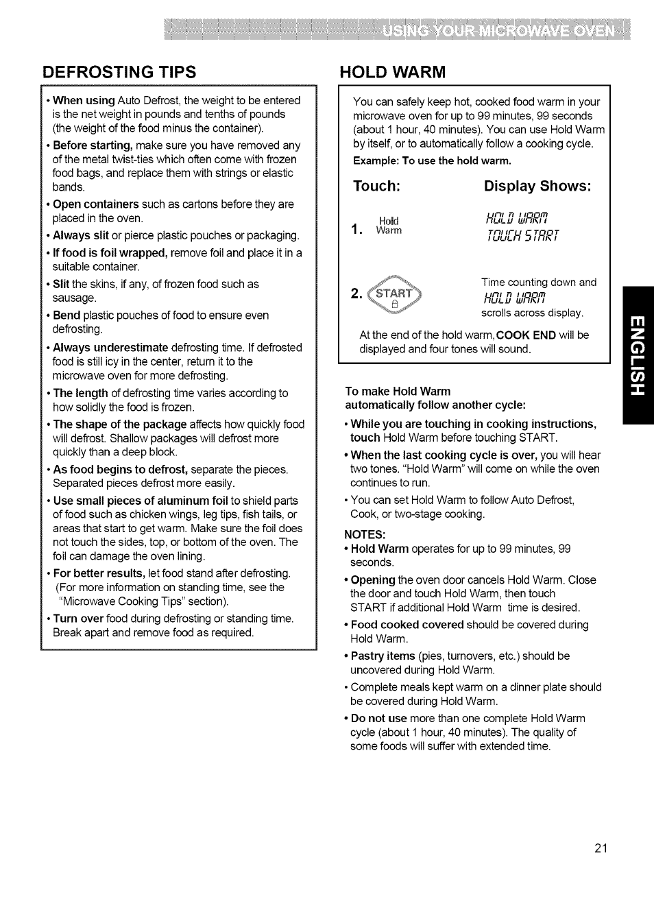 Touch, Display shows, To make hold warm | Notes, Defrosting tips hold warm | Kenmore 721.80042 User Manual | Page 21 / 35