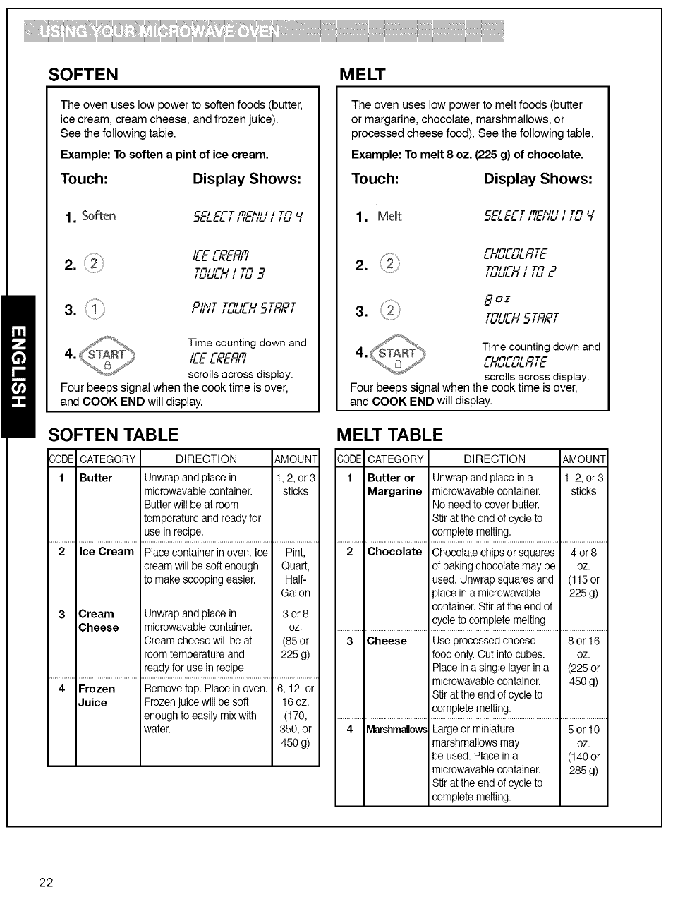 Soften, Melt, Touch: display shows | Soften table, Melt table, Soften table melt table | Kenmore 721.80042 User Manual | Page 22 / 35