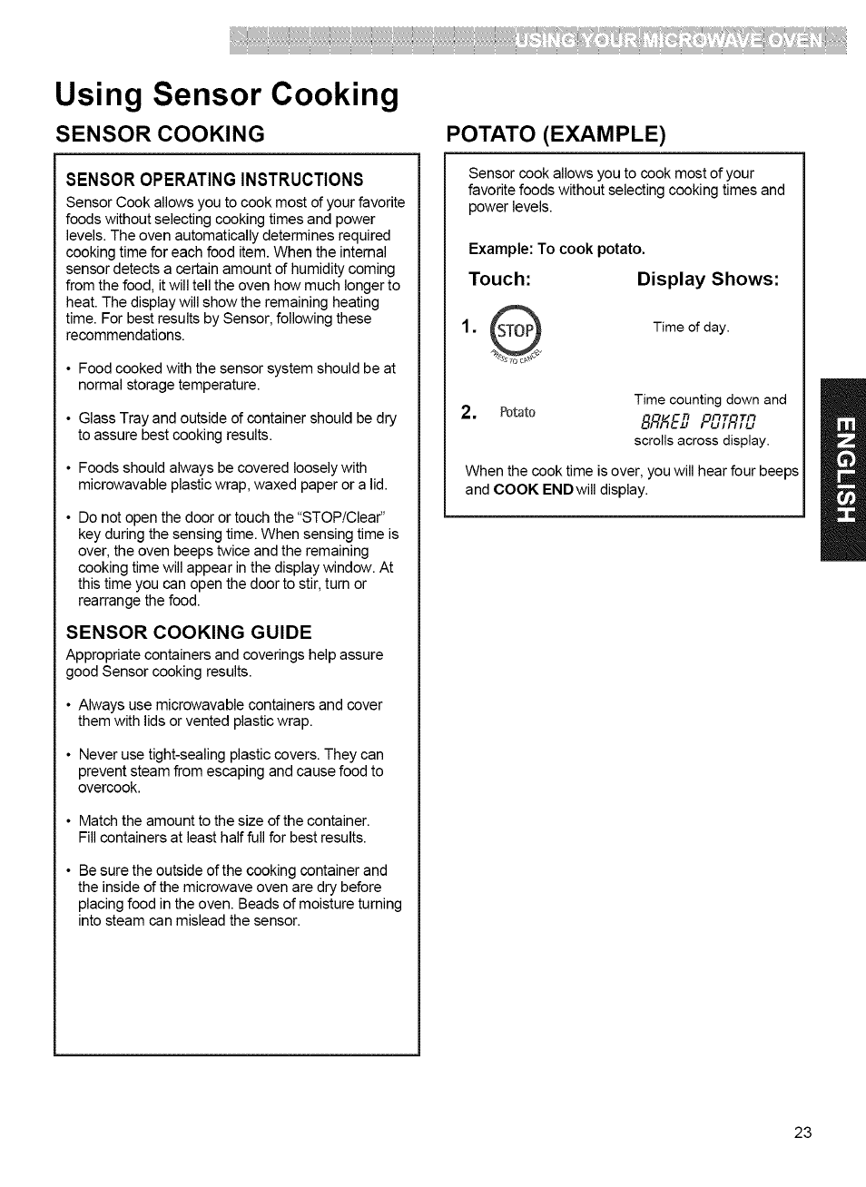 Sensor cooking, Potato (example), Sensor operating instructions | Sensor cooking guide, Using sensor cooking, Sensor cooking potato (example) | Kenmore 721.80042 User Manual | Page 23 / 35