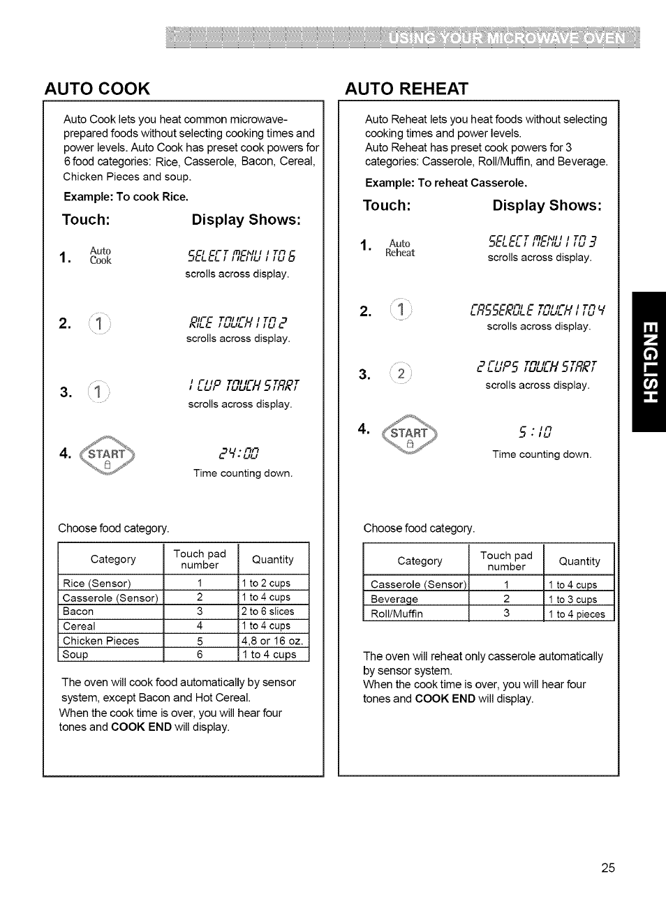 Auto cook, Auto reheat, Touch: display shows | Auto cook auto reheat, Fstart | Kenmore 721.80042 User Manual | Page 25 / 35