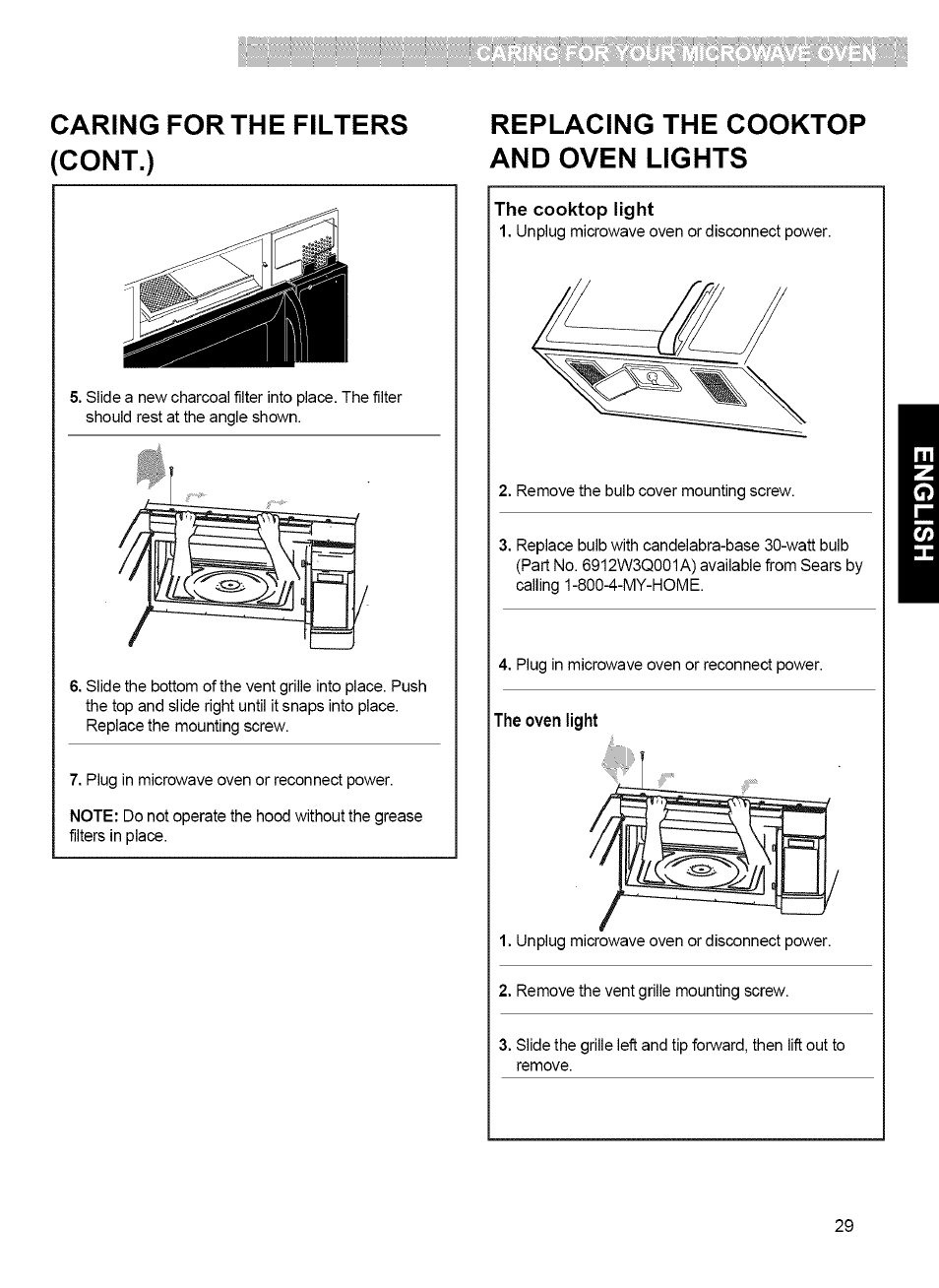 Caring for the filters (cont.), Replacing the cooktop and oven lights | Kenmore 721.80042 User Manual | Page 29 / 35