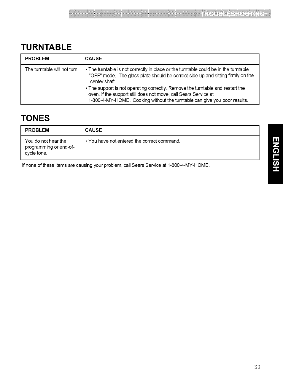 Turntable, Tones | Kenmore 721.80042 User Manual | Page 33 / 35