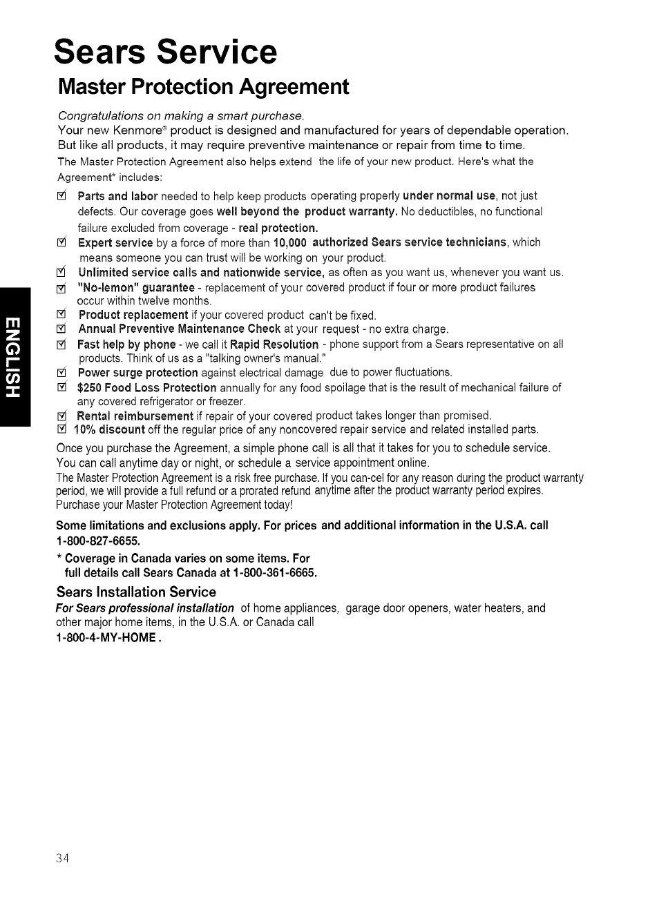 Sears service, Sears installation service, 800-4-my-home | Master protection agreement | Kenmore 721.80042 User Manual | Page 34 / 35