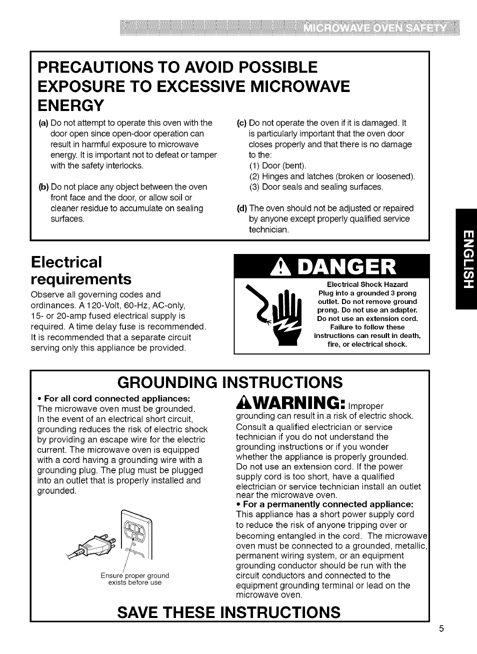 Awarning: improper, For all cord connected appliances, Danger | Electrical requirements, Grounding instructions, Save these instructions | Kenmore 721.80042 User Manual | Page 5 / 35