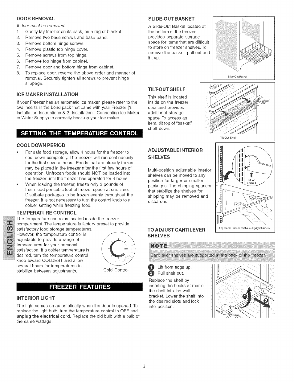 Setting the temperature control, Freezer features | Kenmore ELITE 44733 User Manual | Page 6 / 11