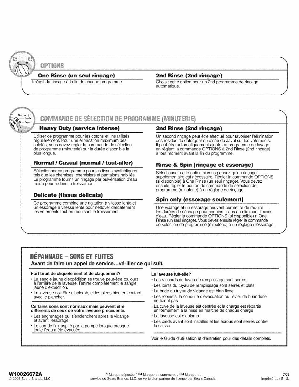 2nd rinse (2nd rinçage), Heavy duty (service intense), Normal / casual (normal / tout-aller) | Delicate (tissus délicats), Rinse & spin (rinçage et essorage), Spin only (essorage seulement) | Kenmore 110.2953* User Manual | Page 4 / 6