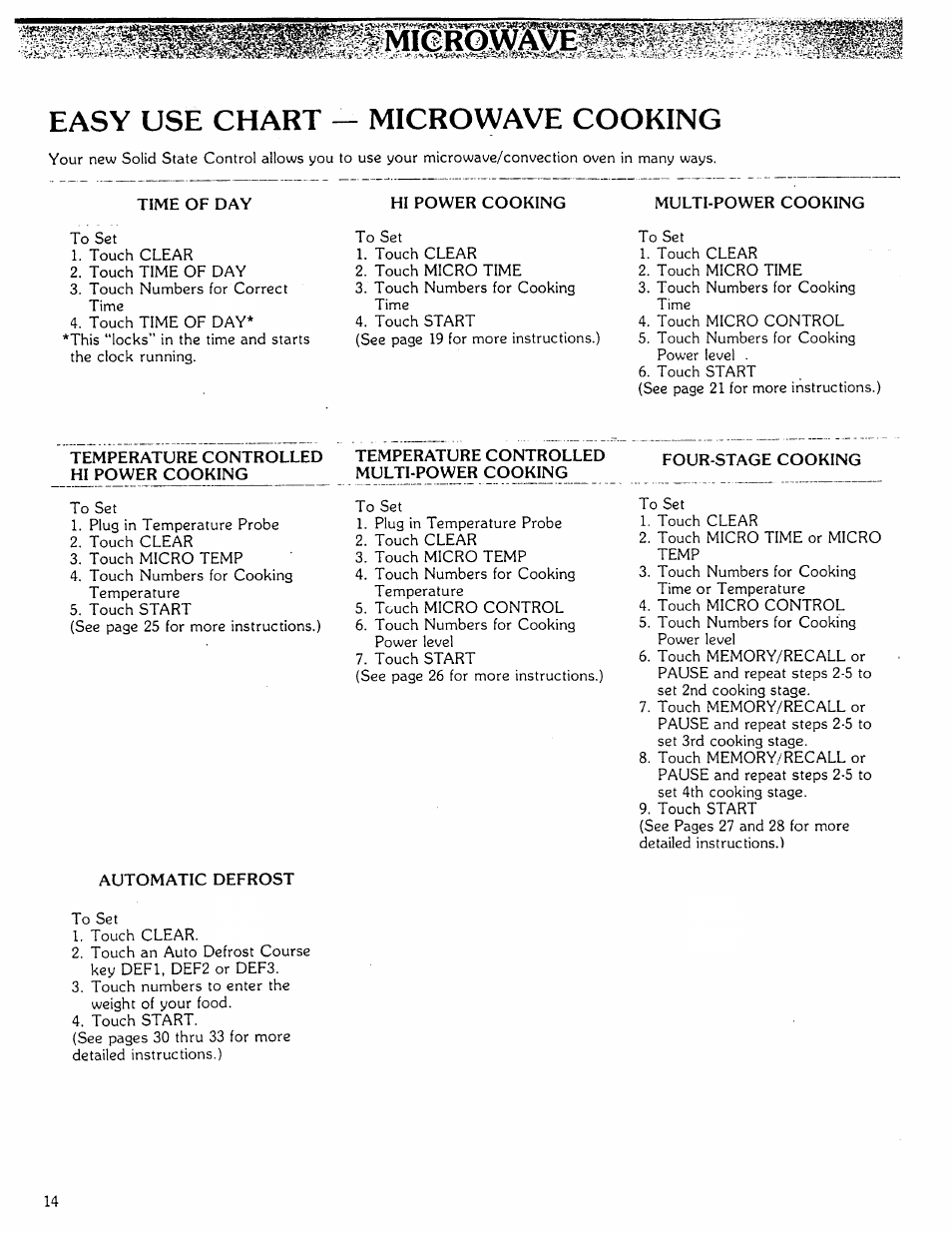 Easy use chart — microwave cooking | Kenmore Microwave Oven User Manual | Page 14 / 60