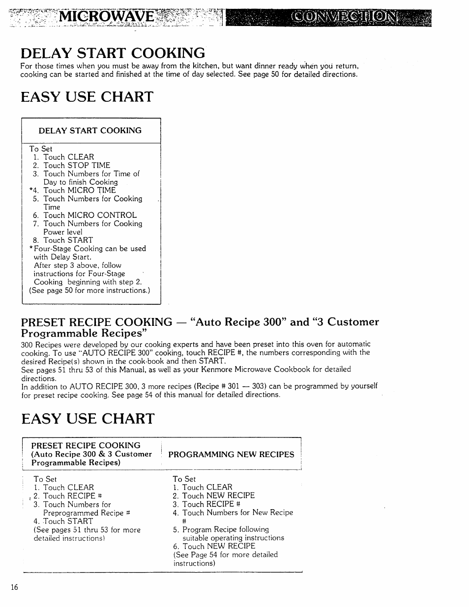 Delay start cooking, Easy use chart | Kenmore Microwave Oven User Manual | Page 16 / 60