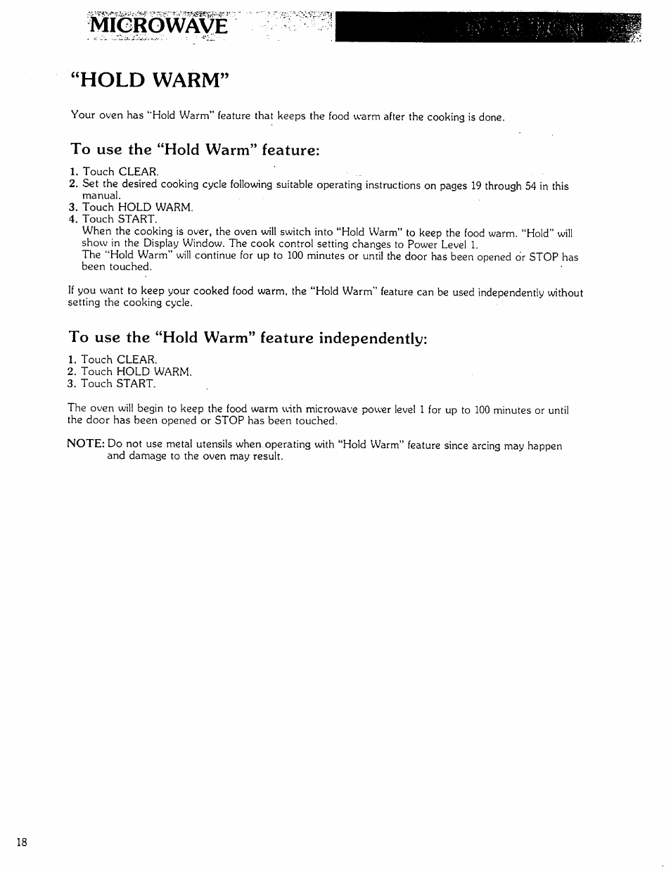 Hold warm, To use the “hold warm” feature, To use the “hold warm” feature independently | Migrowave “hold warm | Kenmore Microwave Oven User Manual | Page 18 / 60