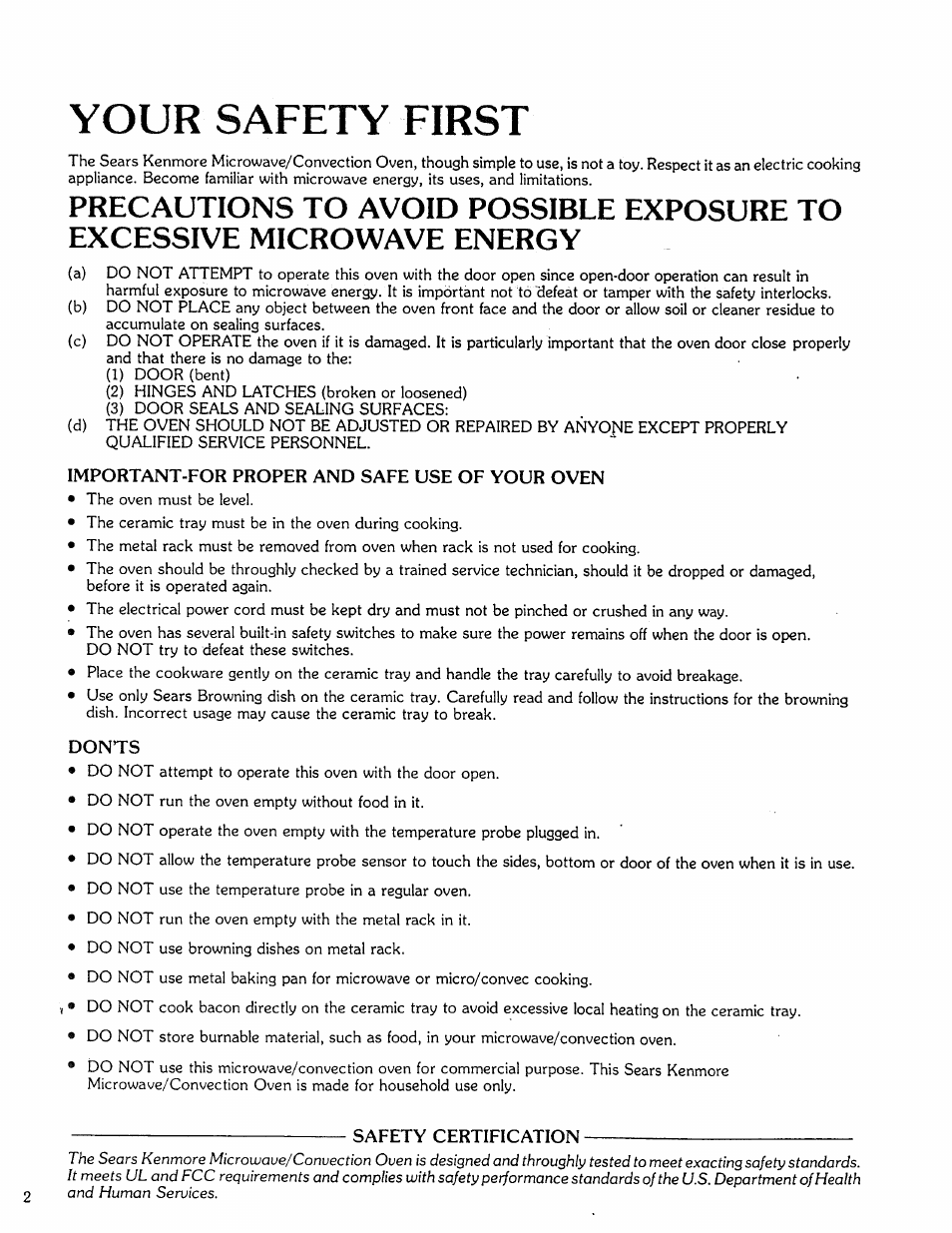 Important-for proper and safe use of your oven, Donts, Safety certification | Your safety first | Kenmore Microwave Oven User Manual | Page 2 / 60