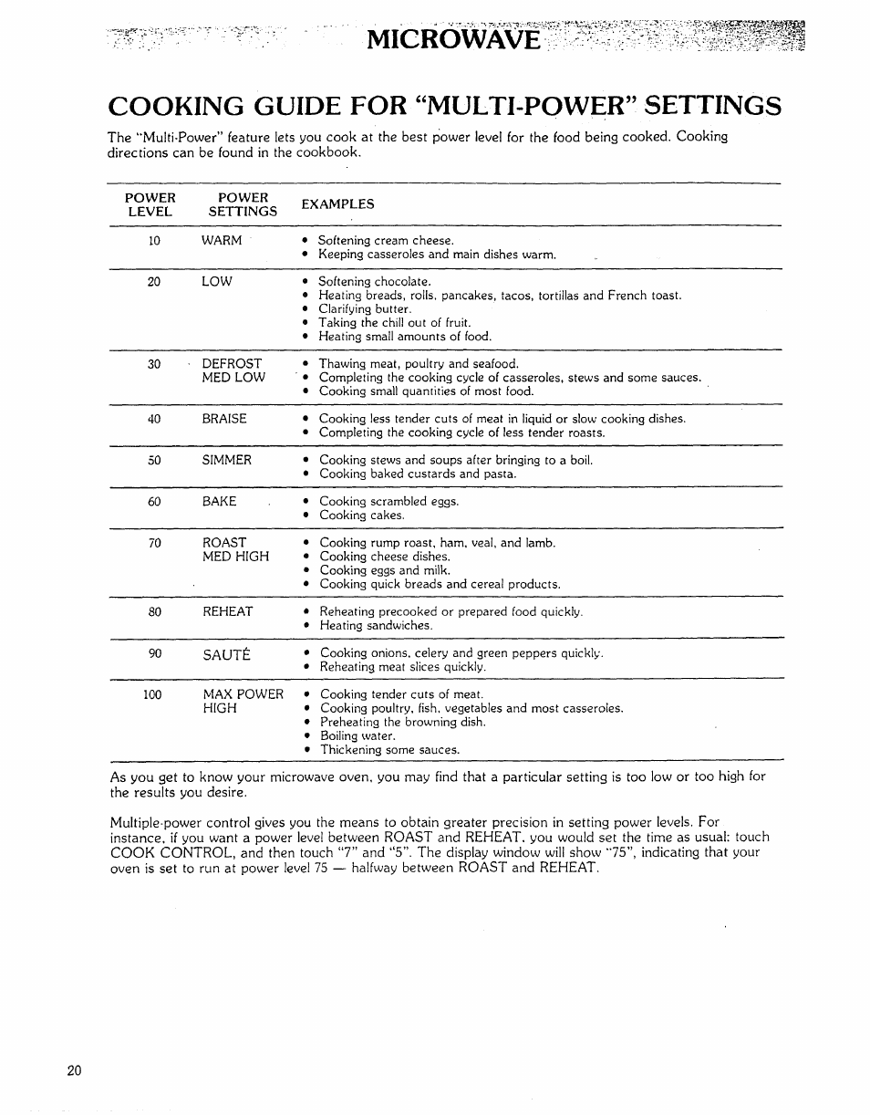 Migròwa, Cooking guide for “multi-power” settings, Cooking guide for multi-power settings | Kenmore Microwave Oven User Manual | Page 20 / 60