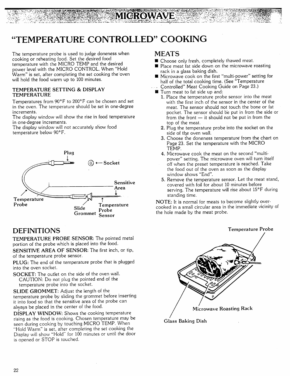 Meats, Definitions, Temperature controlled” cooking | Kenmore Microwave Oven User Manual | Page 22 / 60