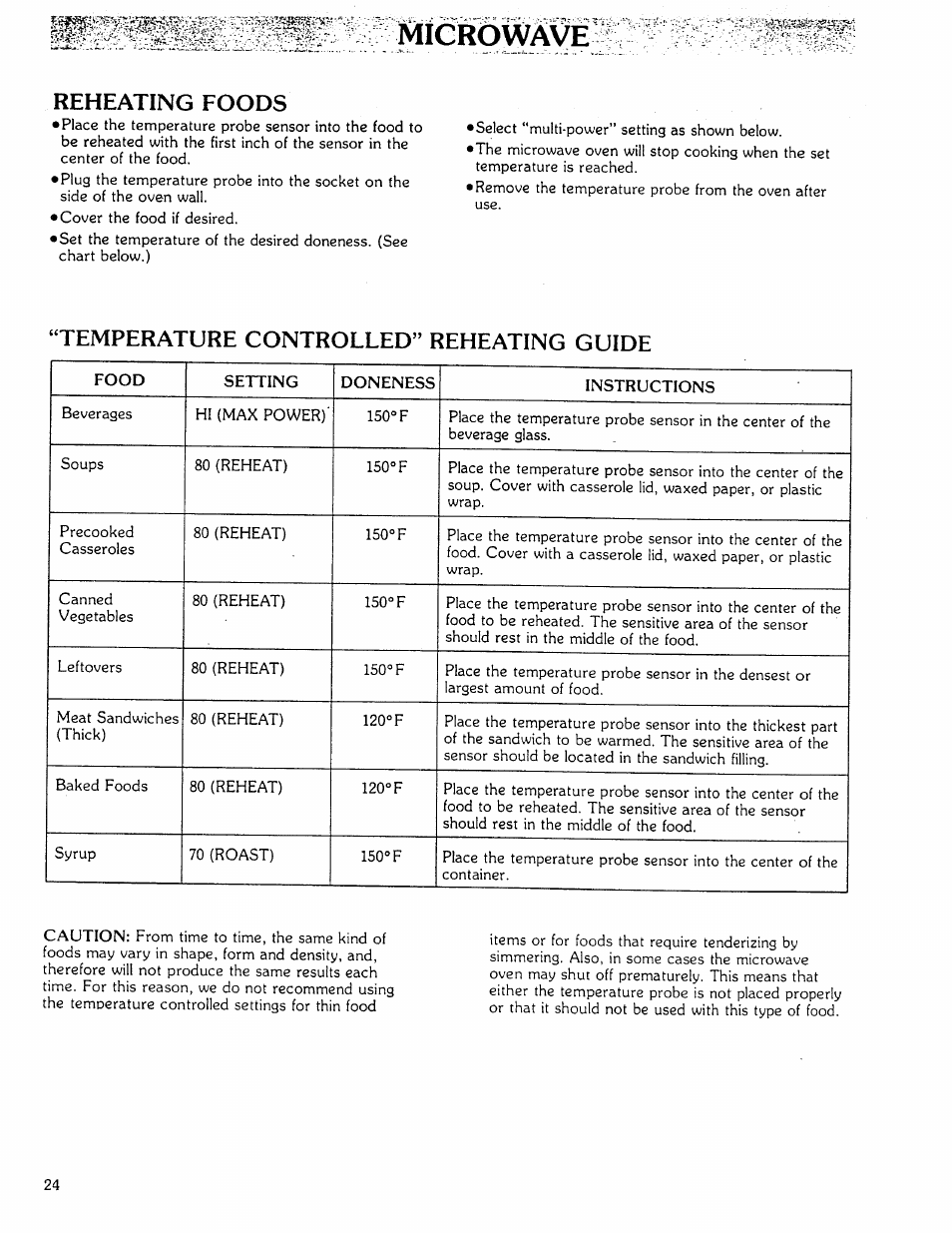 Reheating foods, Temperature controlled” reheating guide, Microwave | Kenmore Microwave Oven User Manual | Page 24 / 60